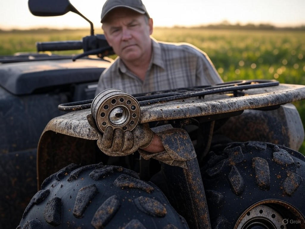 Farmer inspecting ATV bearings